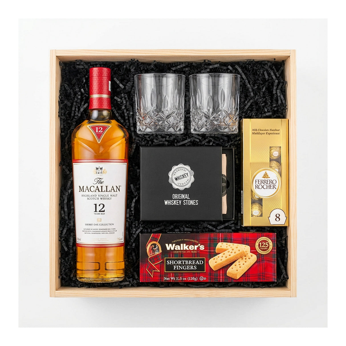 The Macallan 12 Year Sherry Oak Wooden Gift Crate – Scotch, Glasses, Chocolate & Whiskey Stones