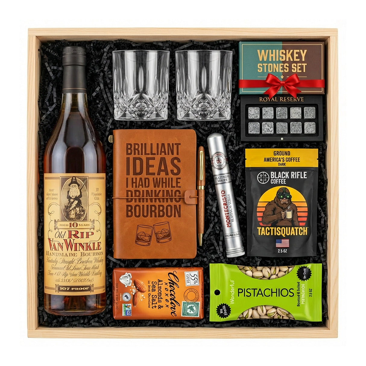 Pappy Van Winkle Old Rip Van Winkle 10 Year Top Shelf Gift Crate – Bourbon, Glasses, Journal & More