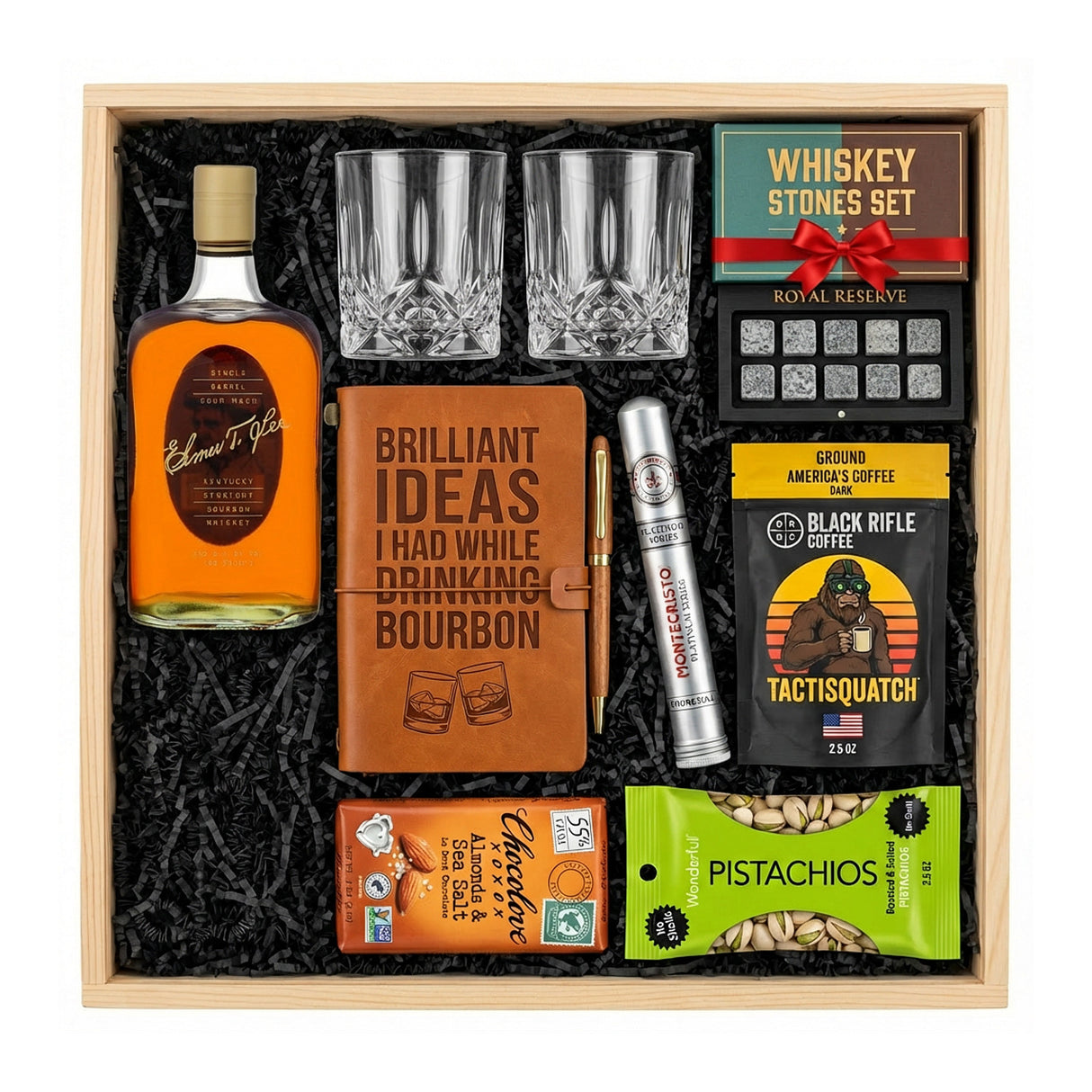 Elmer T. Lee Single Barrel Sour Mash Bourbon Top Shelf Gift Crate – Whiskey, Glasses, Journal, Coffee & Cigar