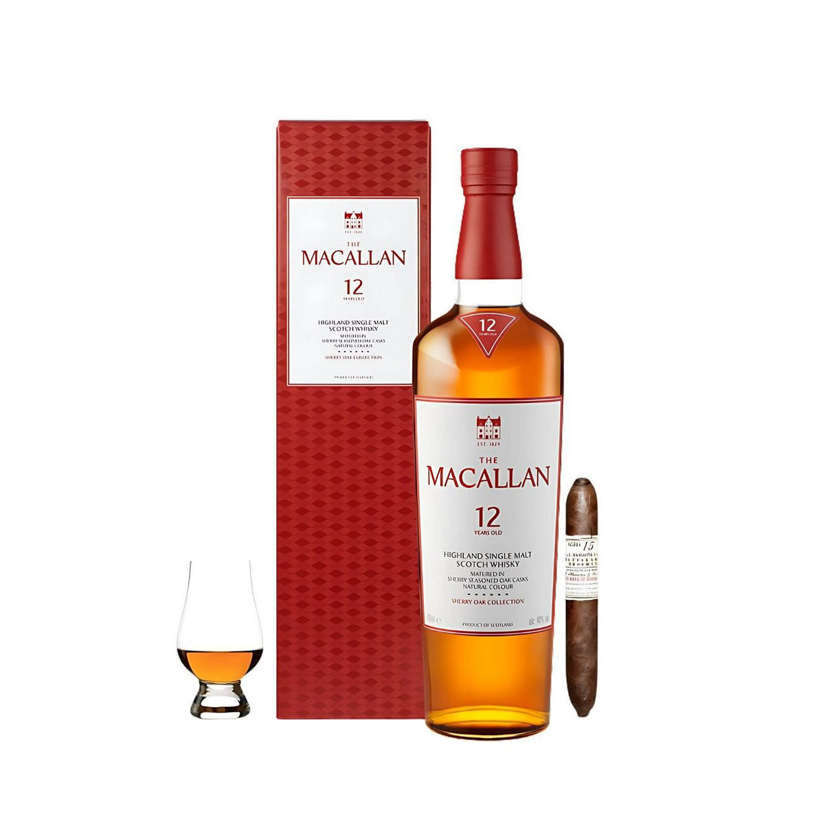 The Macallan 12 Year Sherry Oak Scotch Gift Set – Gurkha Cigar & Glencairn Glass