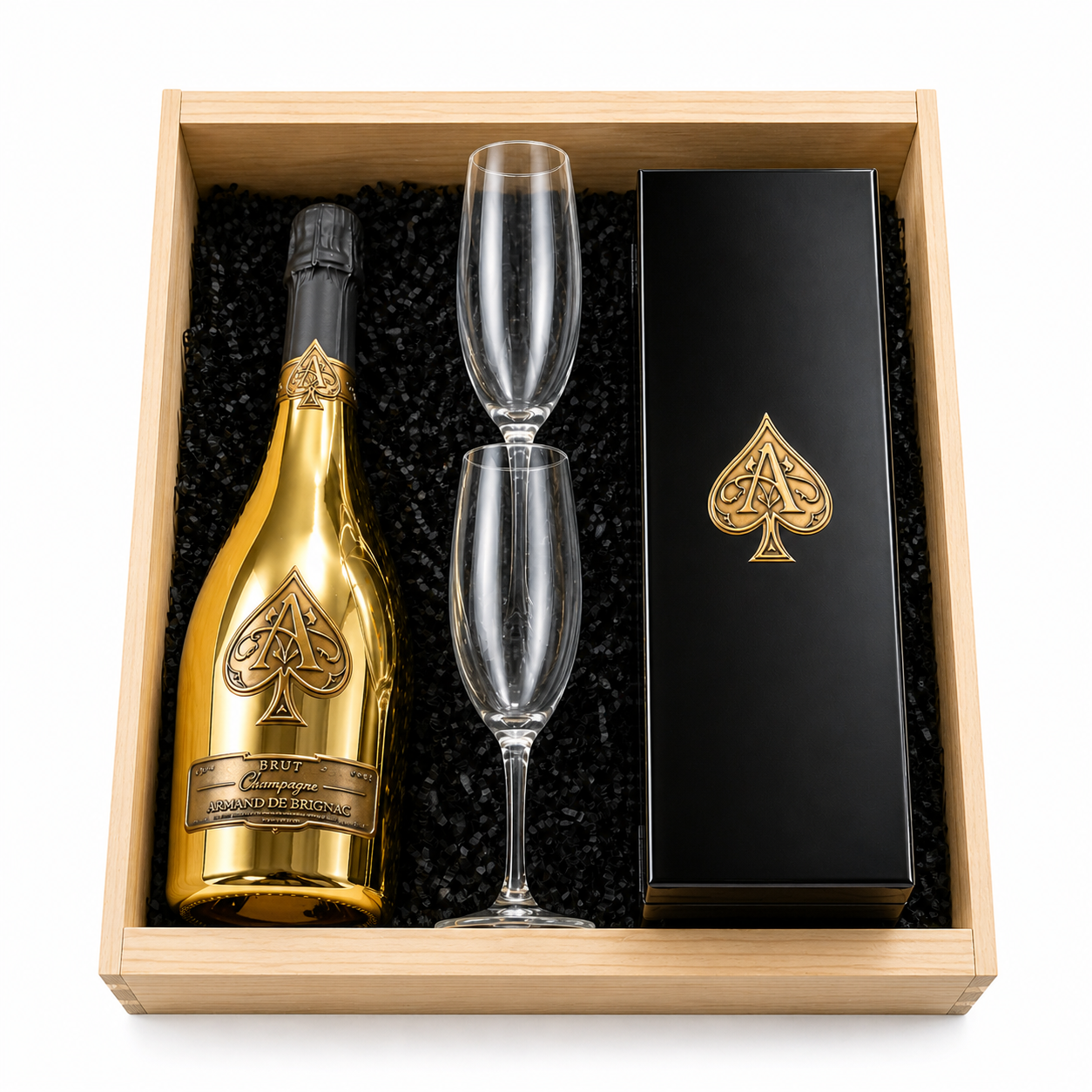 Armand de Brignac Ace of Spades Gold Champagne gift set with case glasses and wooden crate