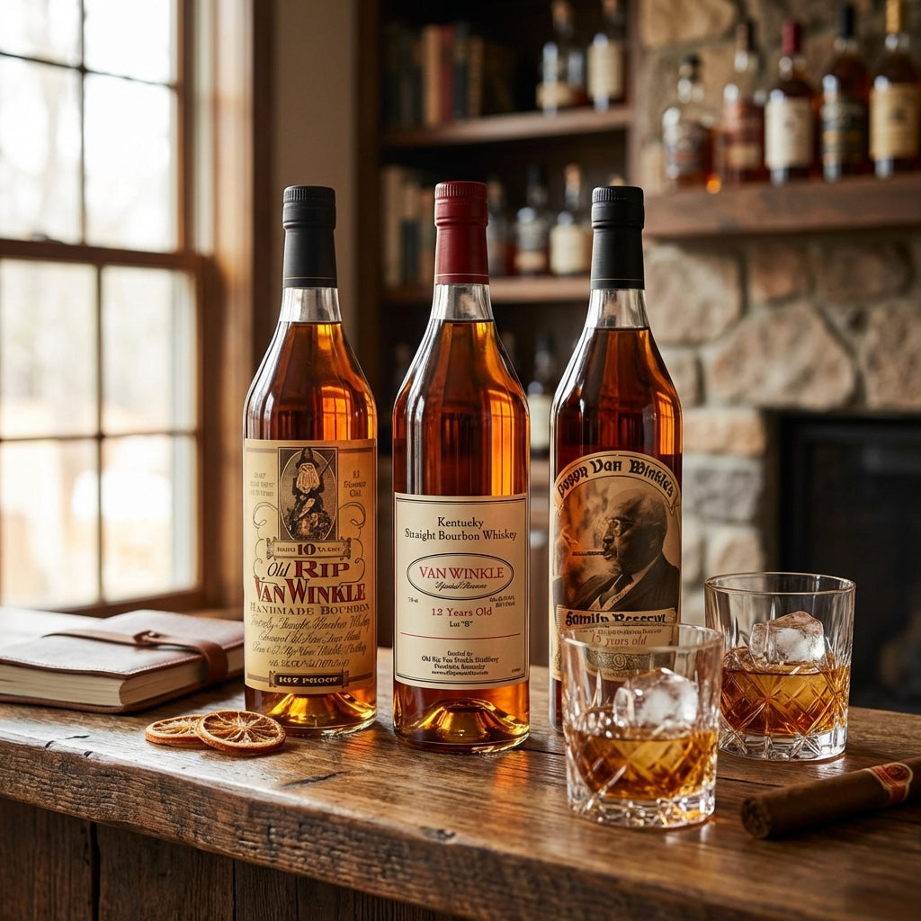 Three bottles of Van Winkle whiskey on a wooden surface with glasses filled with the drink.