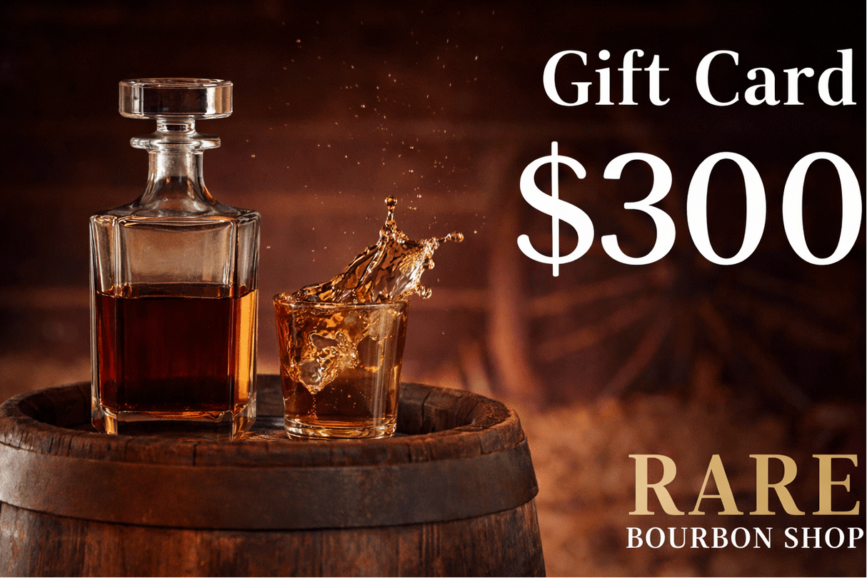 Gift card for $300 from Rare Bourbon Shop with a decanter and glass on a wooden barrel.