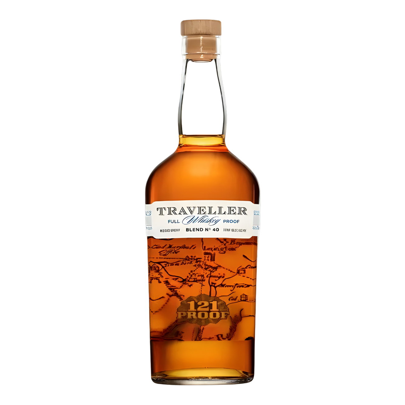 Traveller Blend No. 40 Full Proof Whiskey 750ml whiskey bottle with rich amber glass, natural cork stopper, and cream label with map illustration and bold gold 121 proof emblem against a clean white background