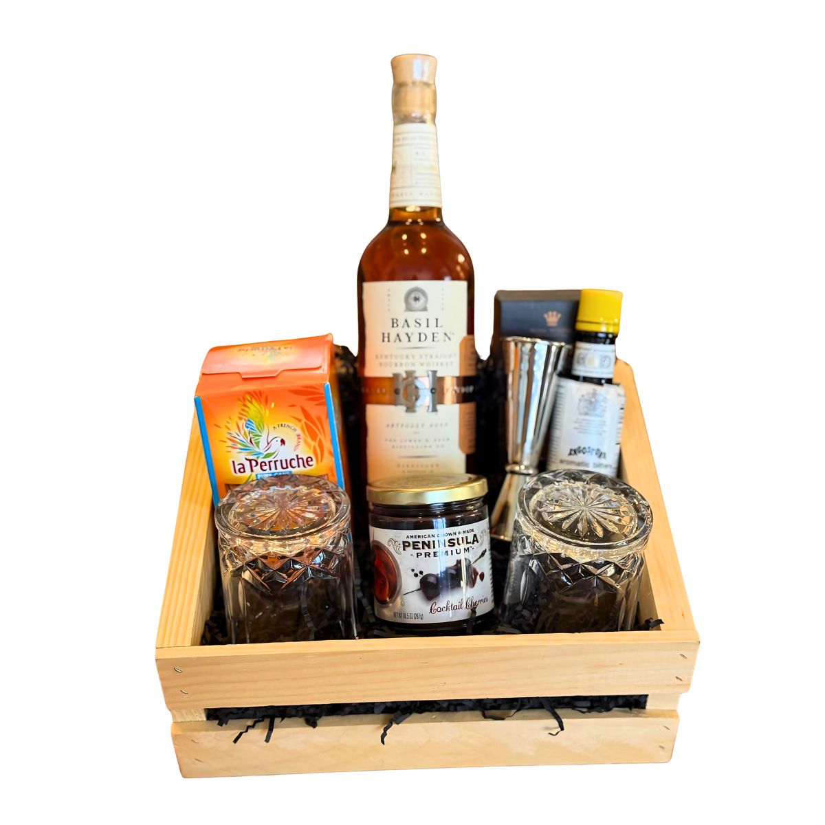 Basil Hayden’s Old-Fashioned Wooden Gift Crate – Bourbon, Glasses, Bitters & Bar Tools