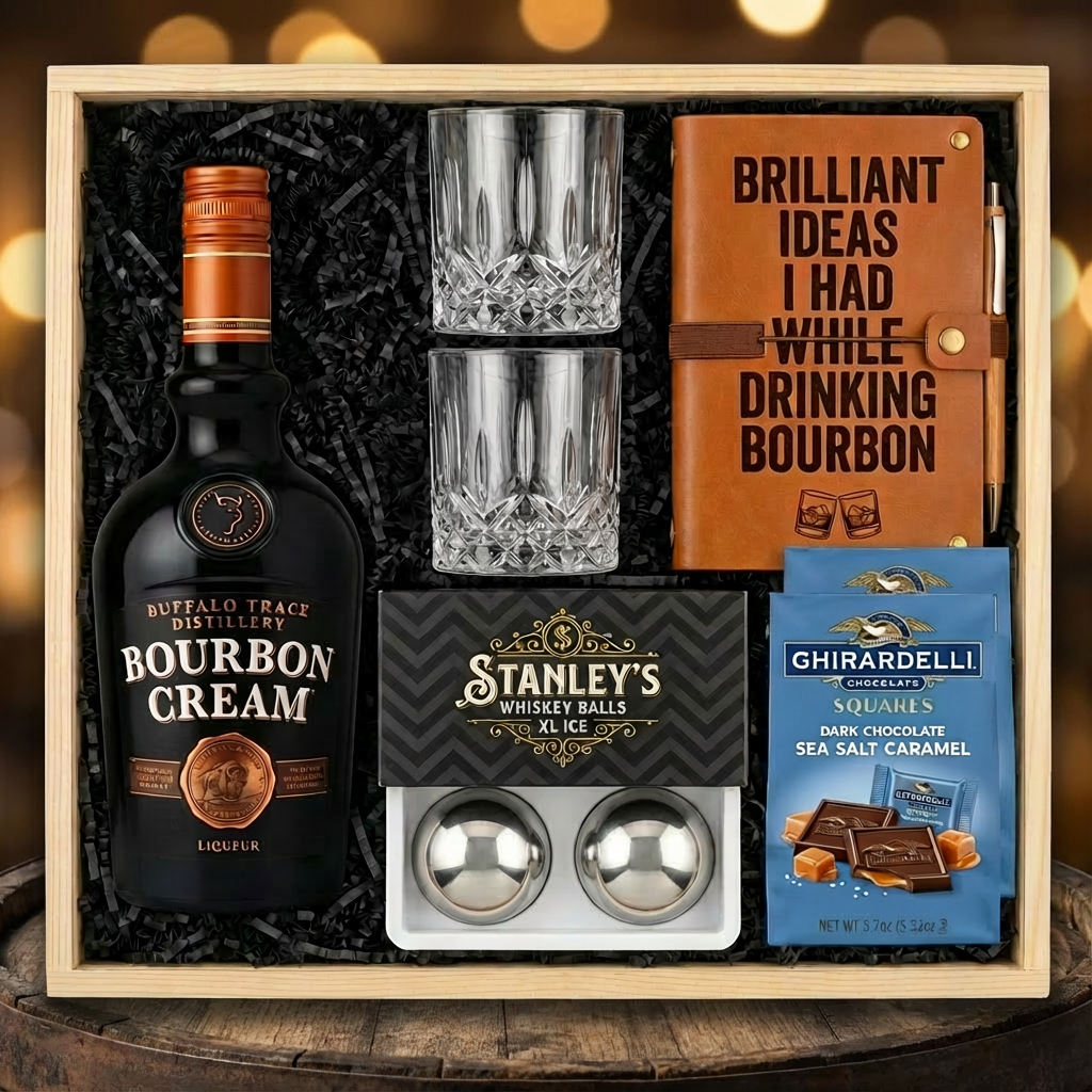 Buffalo Trace Bourbon Cream Liqueur gift crate with black bottle and copper cap, crystal-cut old fashioned glasses, tan leather bourbon journal and pen set, Stanley&