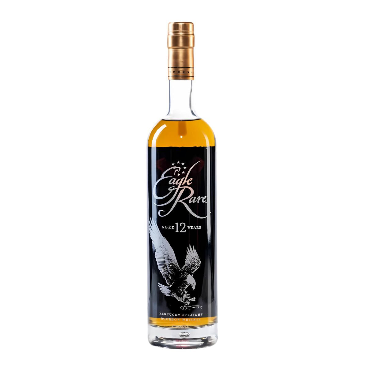 Eagle Rare 12 Year Old Kentucky Straight Bourbon Whiskey bottle with amber bourbon, copper cap, and black label featuring a soaring eagle illustration against a clean white background