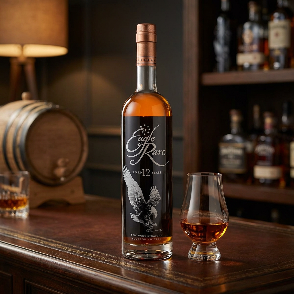 Eagle Rare 12 Year Old Kentucky Straight Bourbon Whiskey bottle in a sophisticated whiskey den setting with crystal glass and warm amber lighting