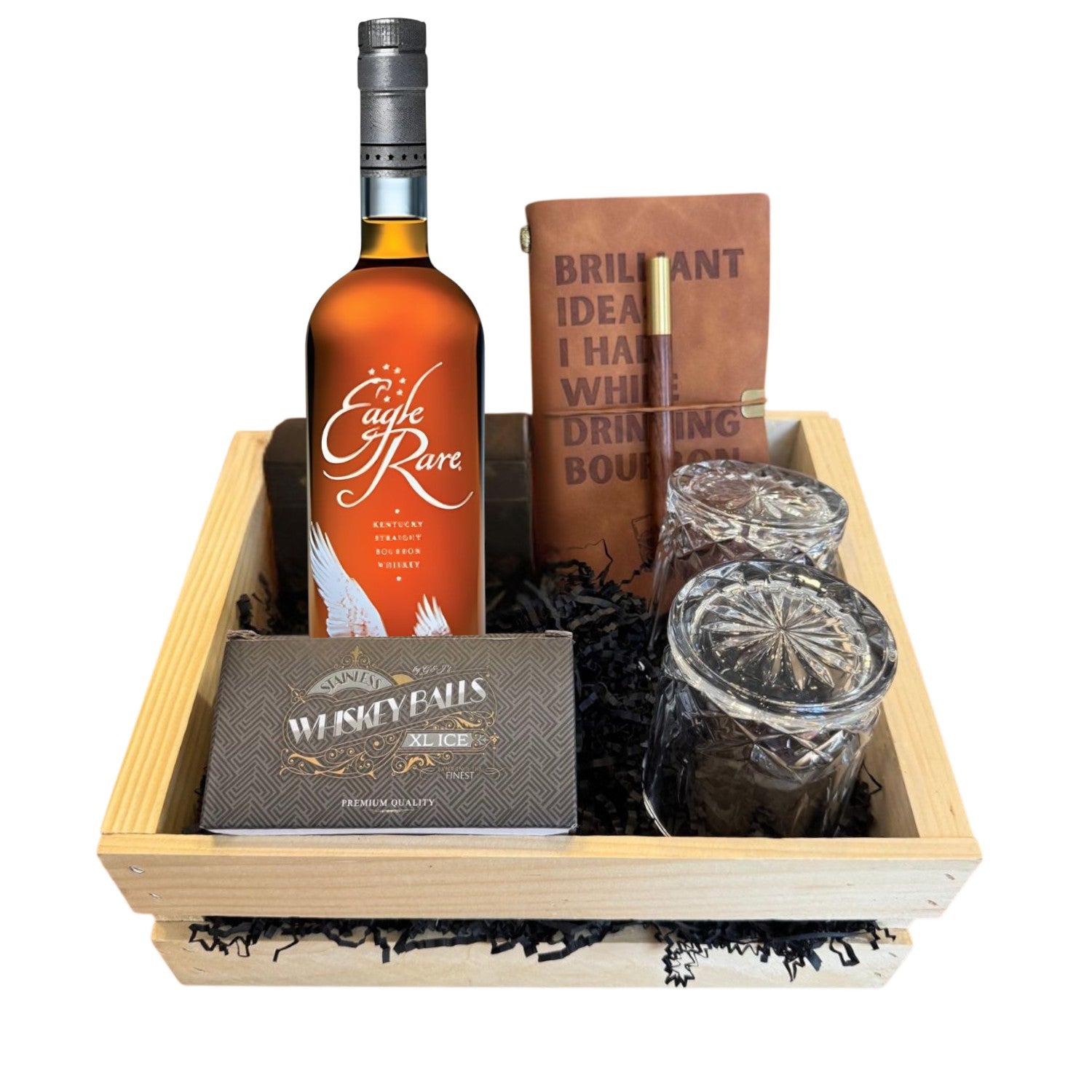 Eagle Rare 10 Year Bourbon Gift Crate with old-fashioned crystal-cut glasses, whiskey balls, and leather journal – collector’s edition from Rare Bourbon Shop
