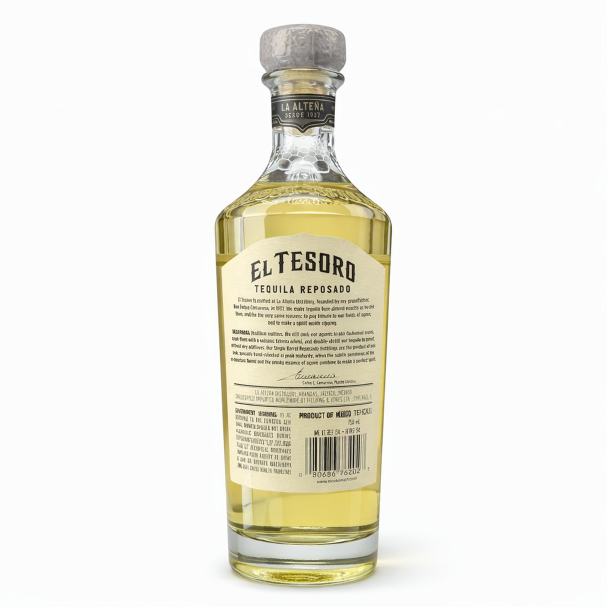 El Tesoro Reposado Single Barrel Tequila back label collectible detail on white background
