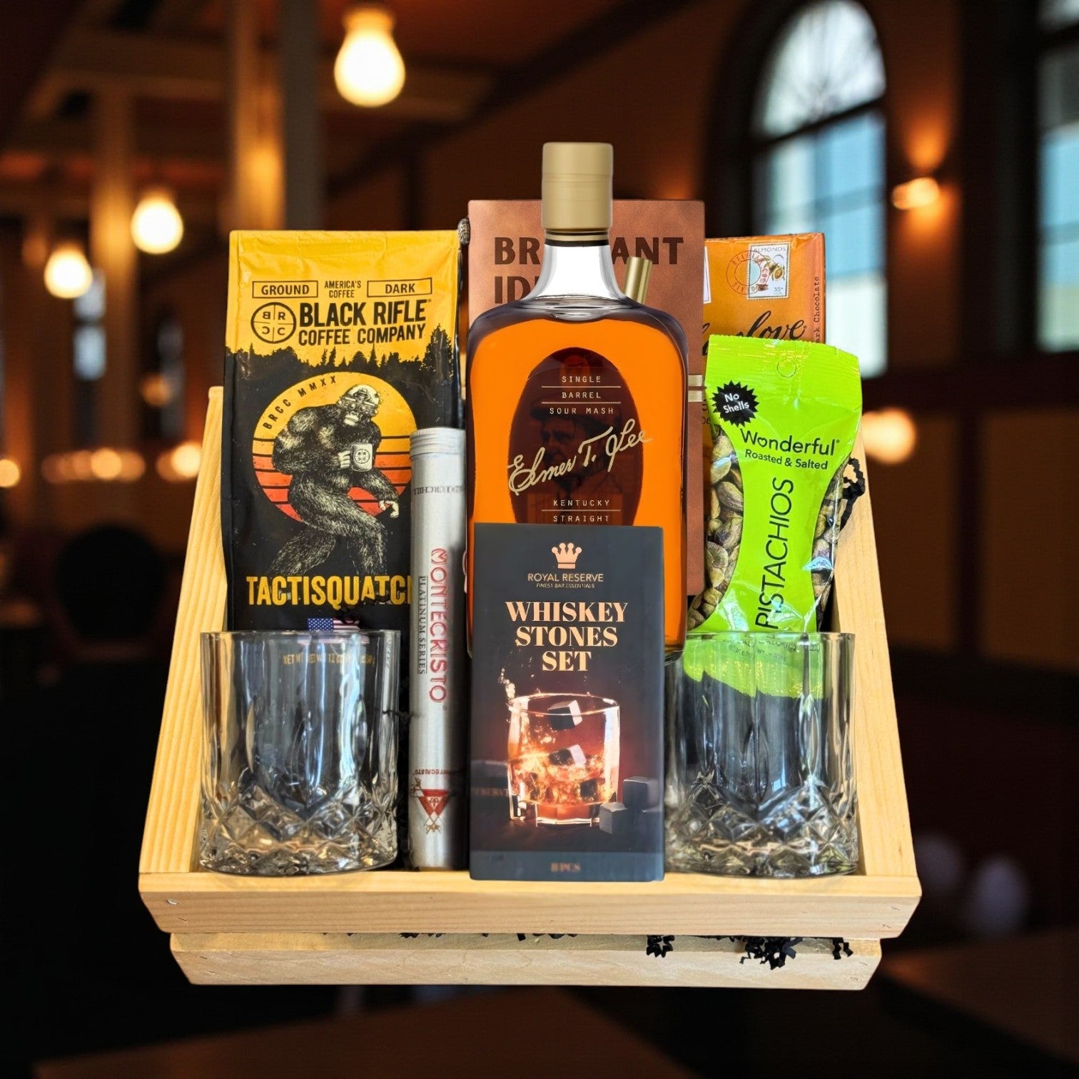 Elmer T. Lee Single Barrel Bourbon Top Shelf Gift Crate featuring whiskey, glasses, cigar, coffee and journal in a wooden crate – limited edition luxury gift from Rare Bourbon Shop