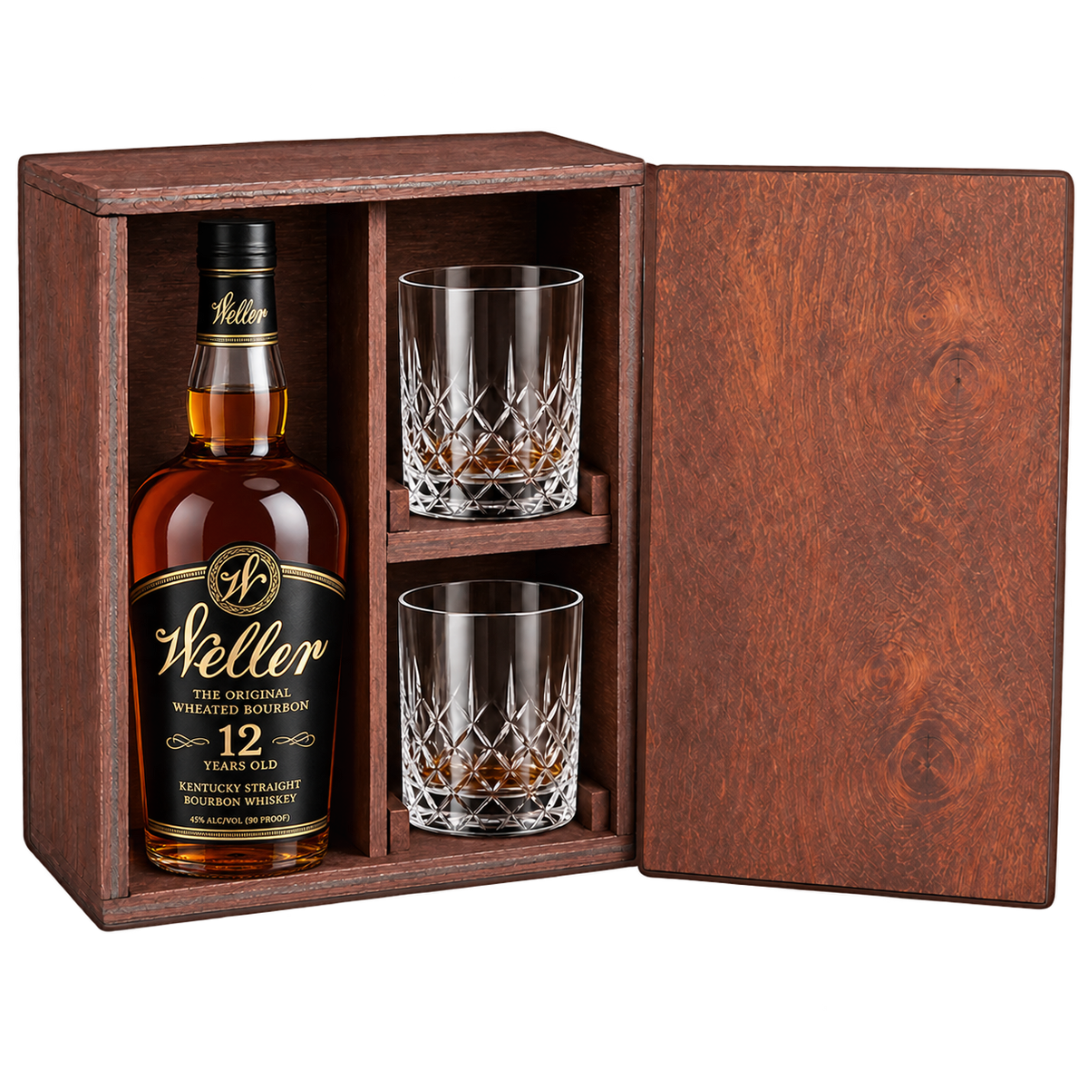 W.L. Weller 12 Year bourbon wooden gift box with two crystal glasses