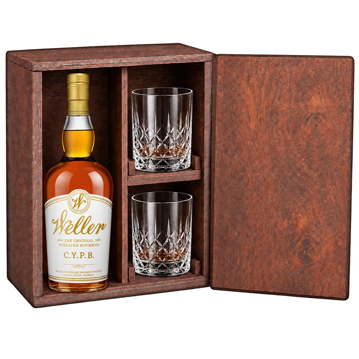W.L. Weller C.Y.P.B. bourbon wooden gift box with two crystal glasses