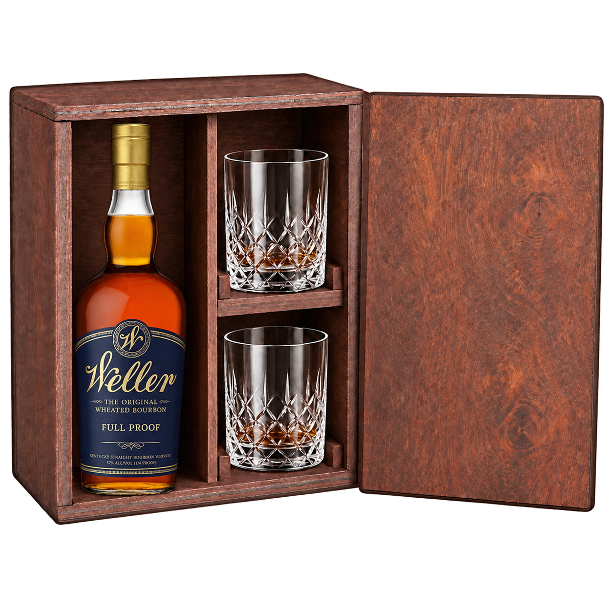 W.L. Weller Full Proof Bourbon Wooden Gift Box with 2 Crystal Glasses