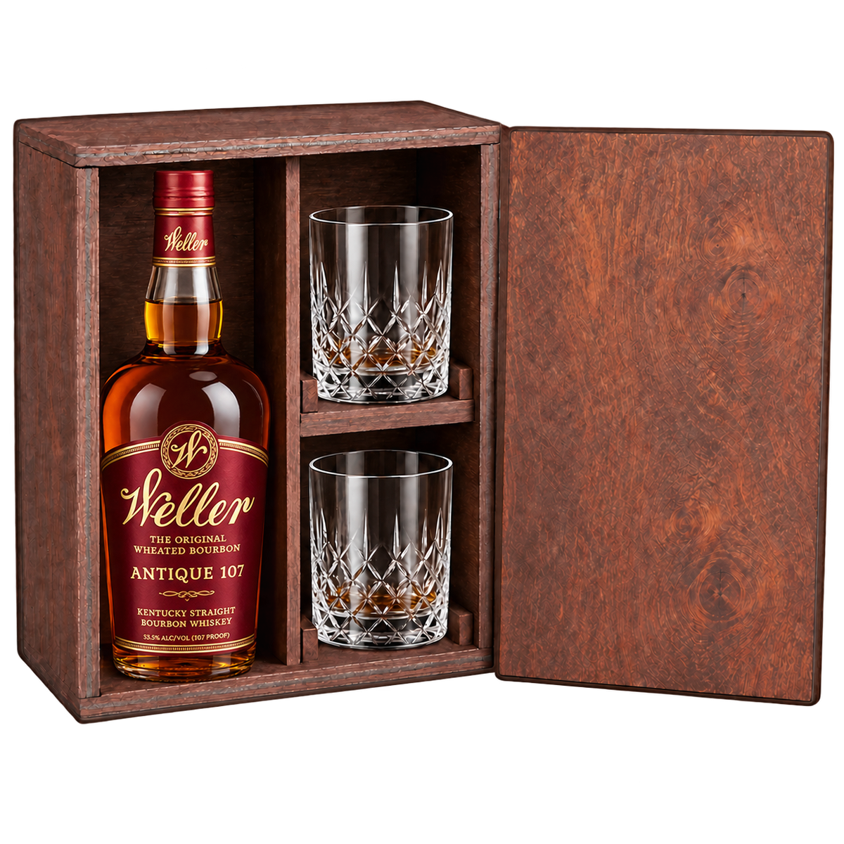 W.L. Weller Antique 107 bourbon wooden gift box with two crystal glasses
