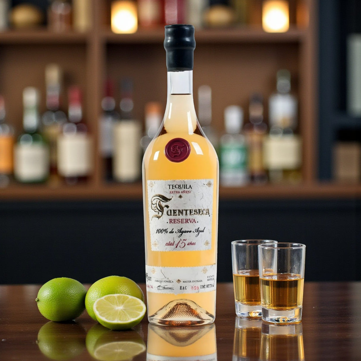Collector’s Fuenteseca Reserva Extra Añejo 15 Year Tequila 750ml bottle with shot glasses and limes on bar – Rare Bourbon Shop lifestyle photo