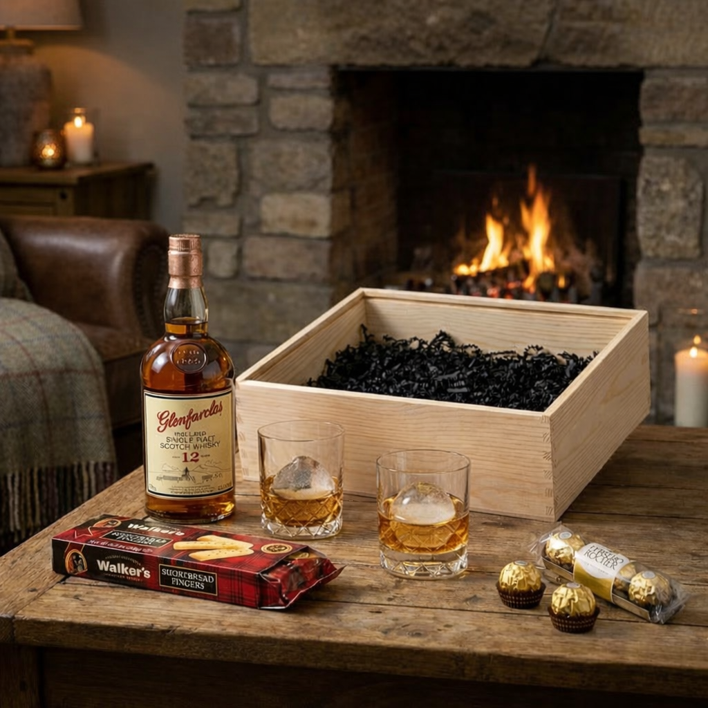 Glenfarclas 12 Year Sherry Cask Scotch Gift Crate – Whisky, Glasses, Whiskey Stones & Gourmet Treats