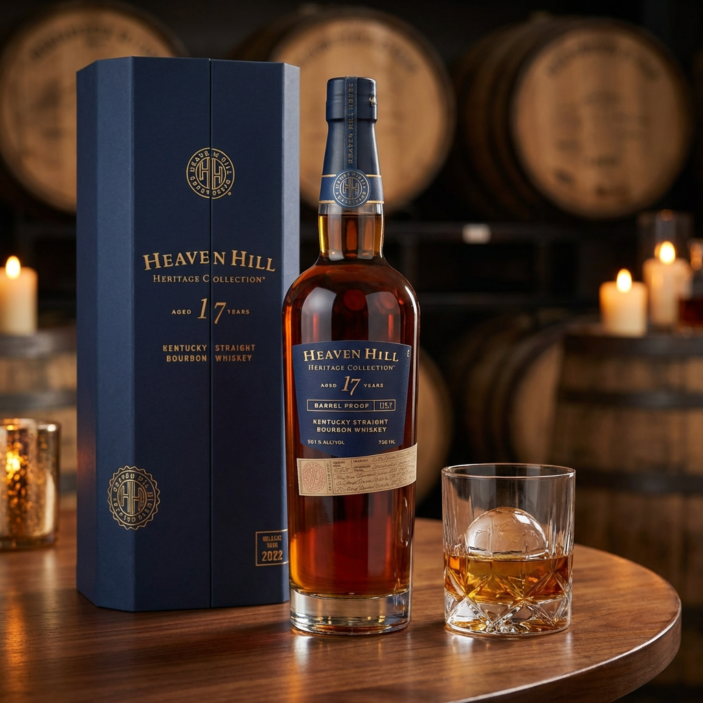 Heaven Hill Heritage Collection 17 Year Old Barrel Proof Kentucky Straight Bourbon Whiskey bottle with navy blue hexagonal gift box displayed on walnut wood with crystal rocks glass and warm bourbon heritage lighting