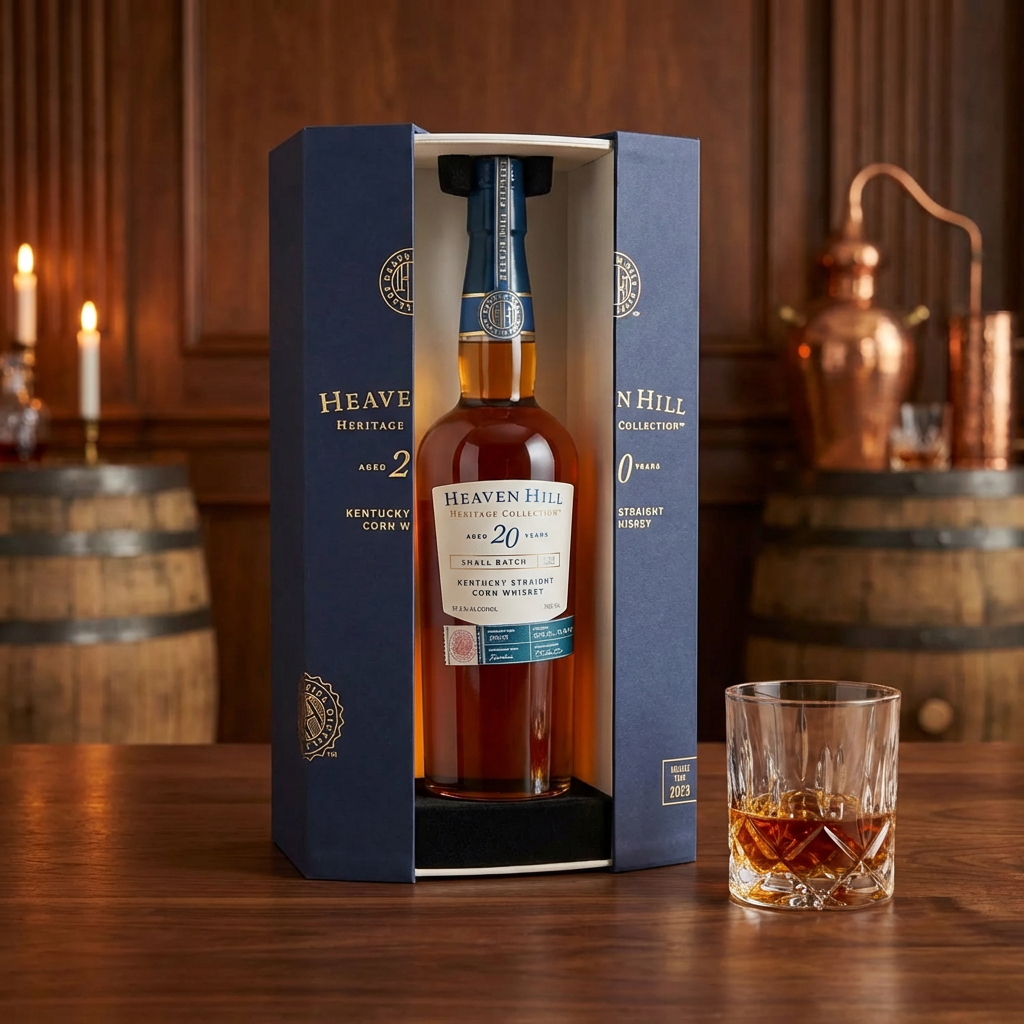 Heaven Hill Heritage Collection 20 Year Old Small Batch Kentucky Straight Corn Whiskey bottle in premium navy blue hexagonal gift box displayed on walnut wood with crystal rocks glass and warm bourbon heritage lighting