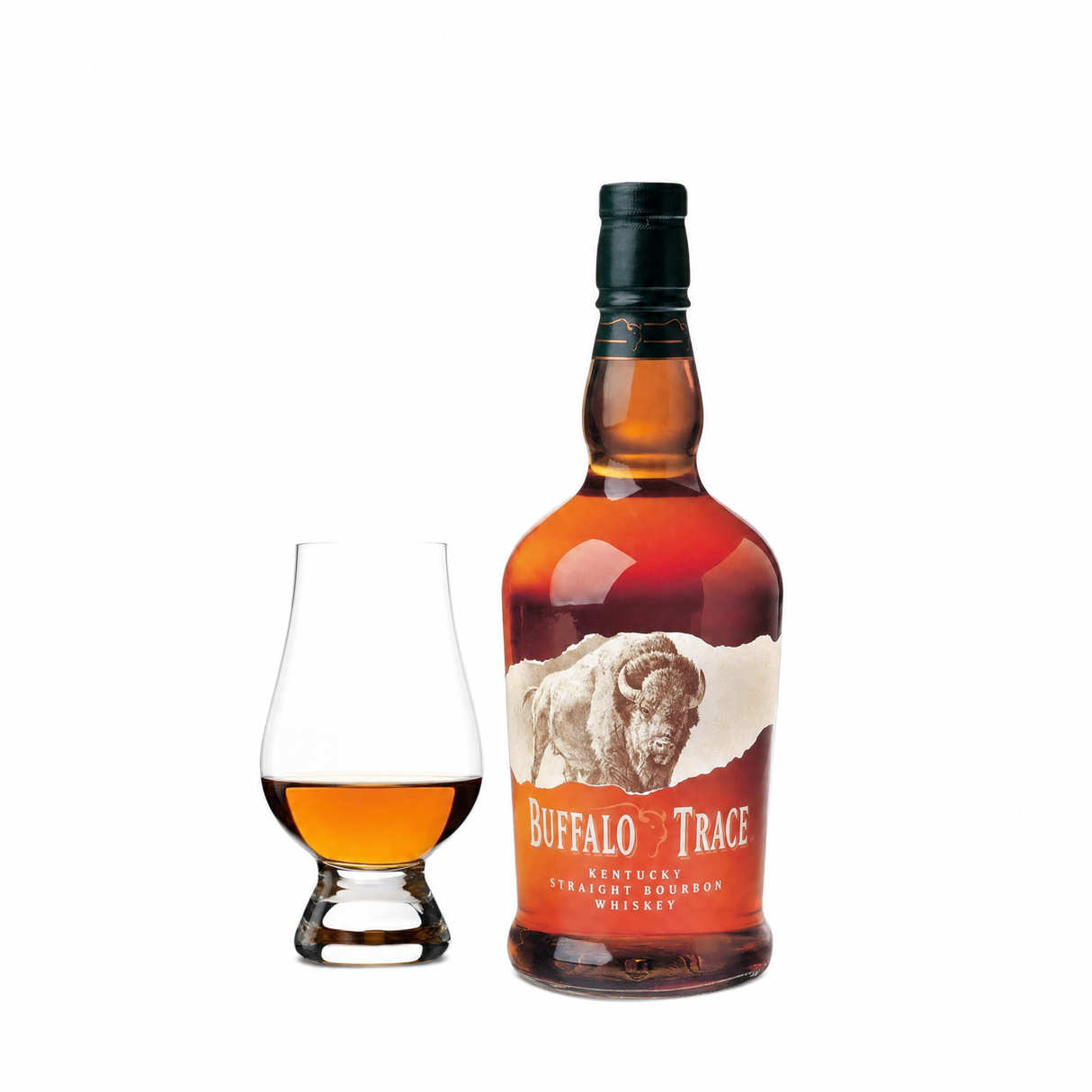Buffalo Trace bourbon bottle with Glencairn glass