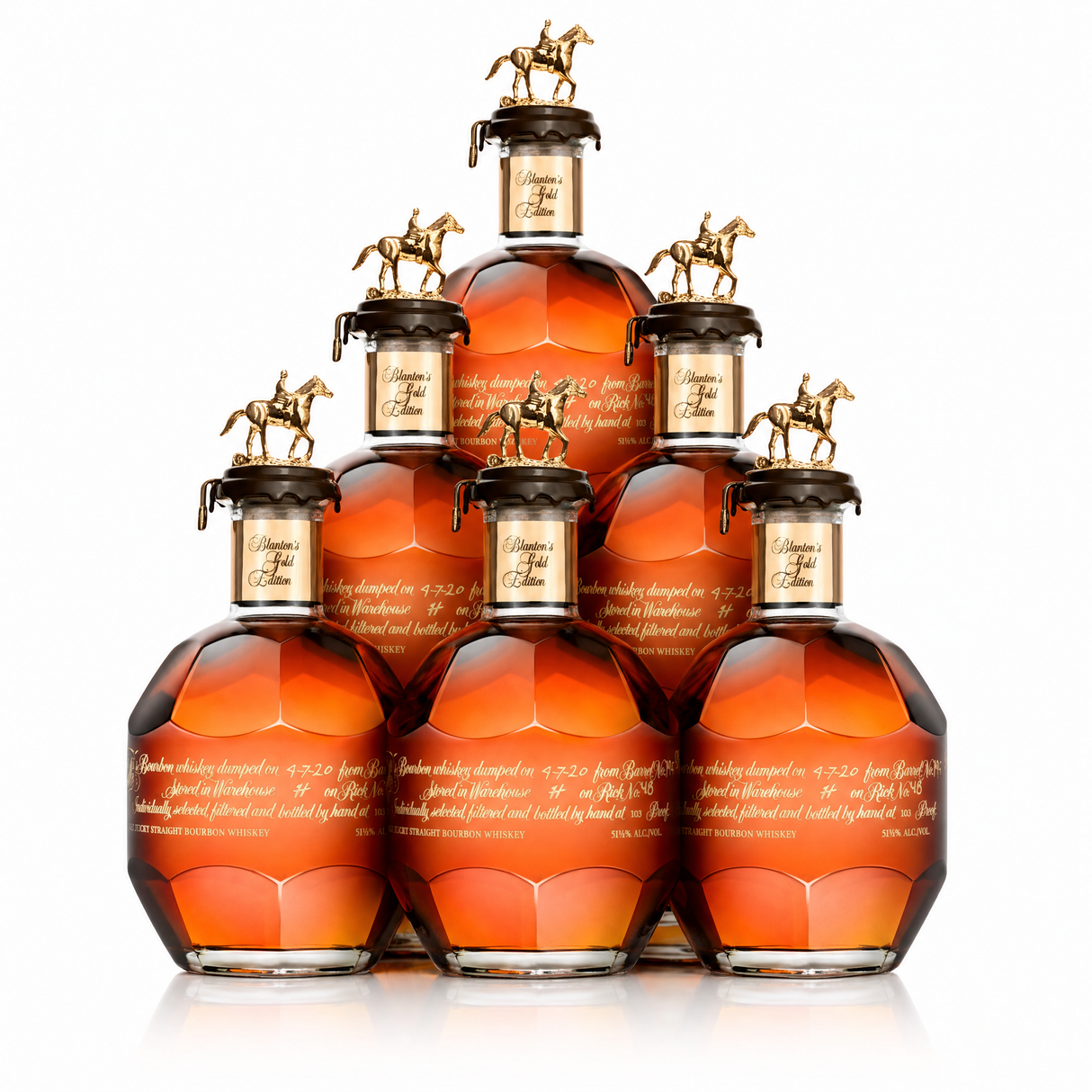 Blanton's Gold Edition Bourbon — six-bottle case, gold-stopper single barrel bourbon, 103 proof