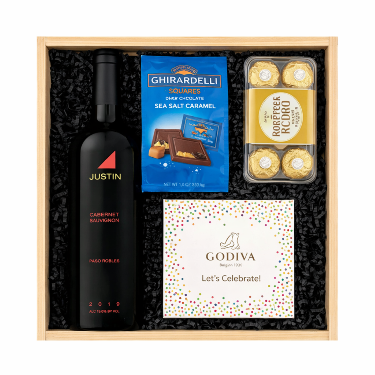 Justin Cabernet Sauvignon Paso Robles wine gift crate with Godiva chocolates, Ghirardelli sea salt caramel squares, and Ferrero Rocher
