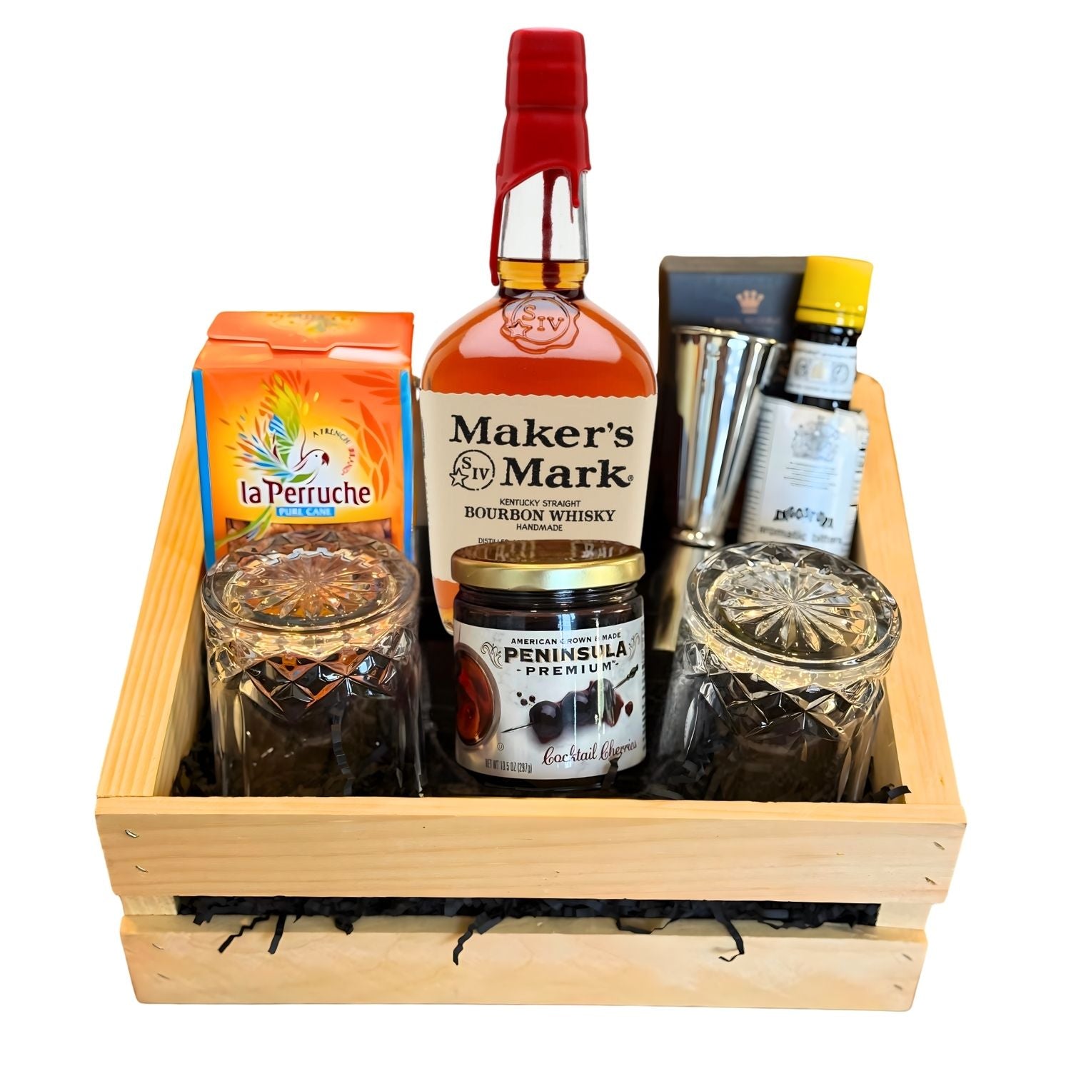 Maker’s Mark Old Fashioned Gift Crate with bourbon, bitters, cherries, sugar cubes, and bar tools – premium cocktail set from Rare Bourbon Shop