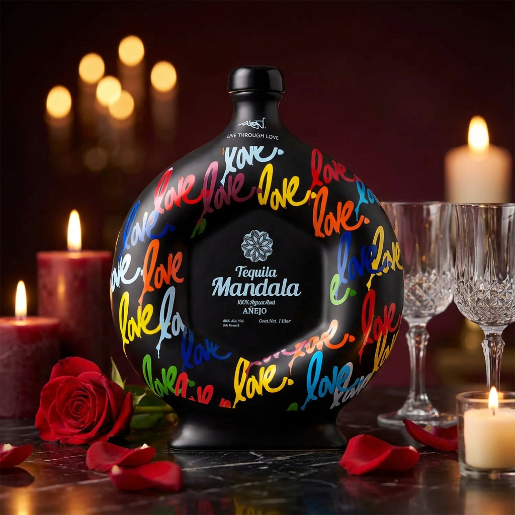Mándala Love Añejo Tequila 1L bottle with colorful "Love" graffiti design displayed on dark marble with red rose petals, crystal tequila glasses, and warm candlelight for Valentine&