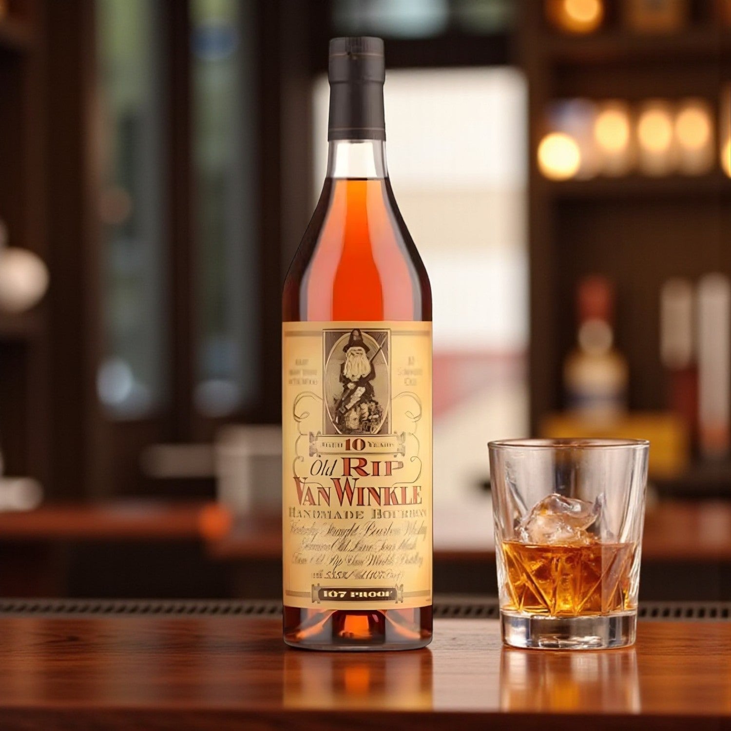 Collector’s Old Rip Van Winkle 10 Year Bourbon bottle on wooden bar beside glass of bourbon with ice and warm bar lighting – Rare Bourbon Shop lifestyle photo
