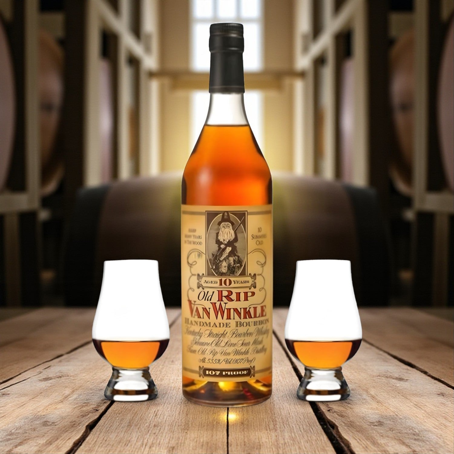 Collector’s Old Rip Van Winkle 10 Year Bourbon Gift Set with two Glencairn glasses on wooden table among bourbon barrels – Rare Bourbon Shop lifestyle photo