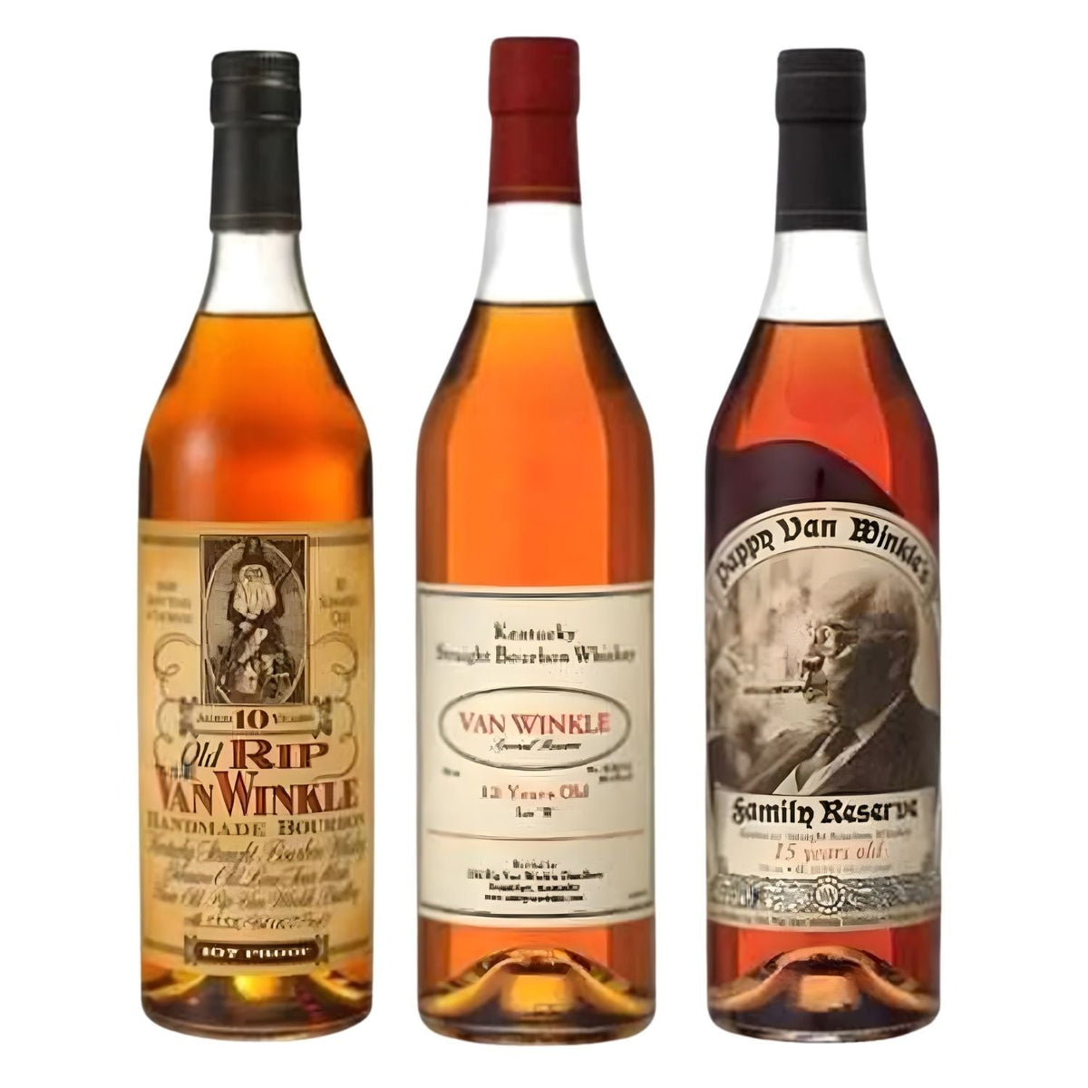 Pappy Van Winkle Starter Pack – Old Rip Van Winkle 10 Year, Van Winkle Special Reserve 12 Year Lot B & Pappy Van Winkle 15 Year, studio white background