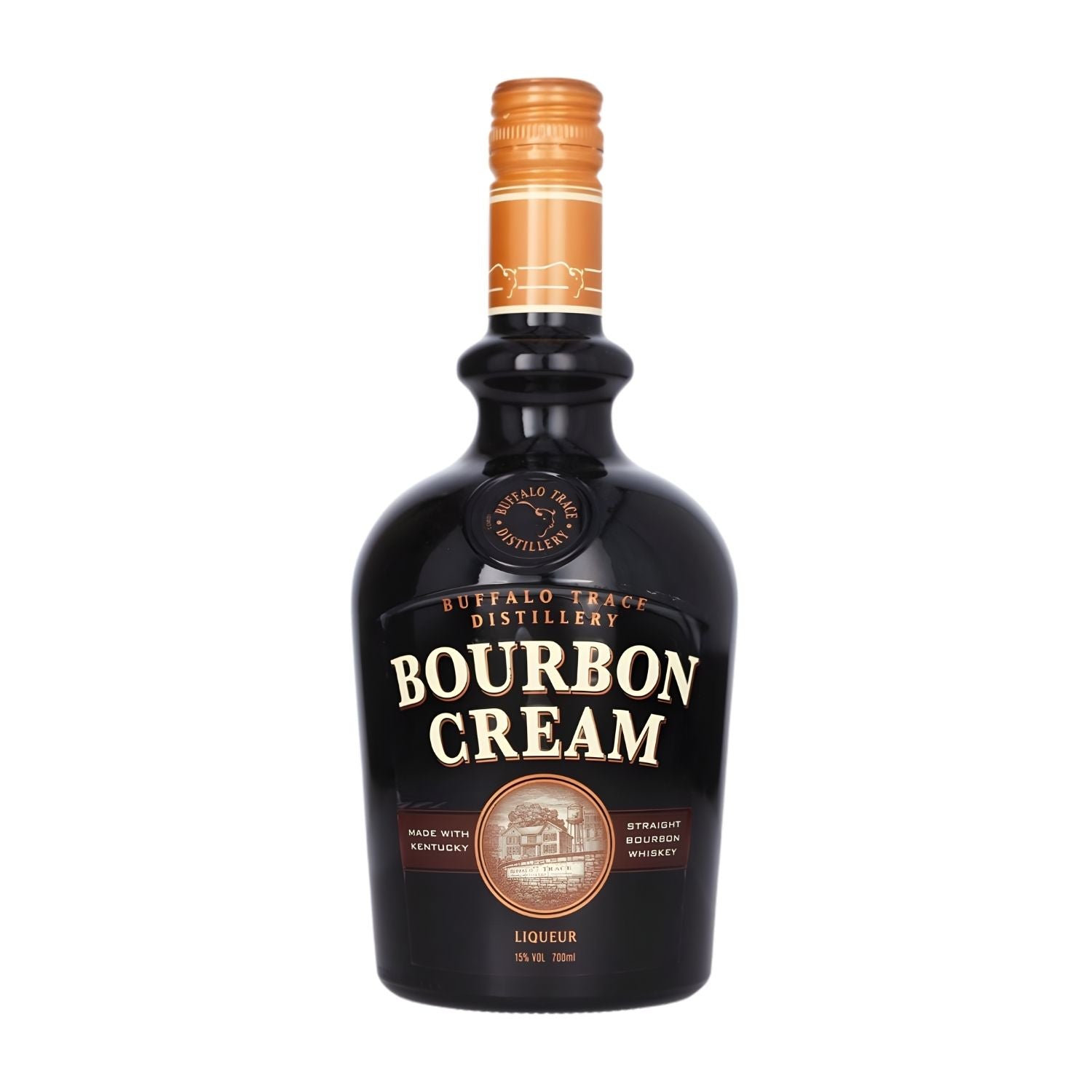 Buffalo Trace Bourbon Cream Liqueur 750ml premium bottle on white background, Kentucky straight bourbon cream liqueur from Buffalo Trace Distillery