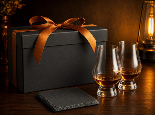 Curated gift crate with glassware and engraving in a dark editorial scene