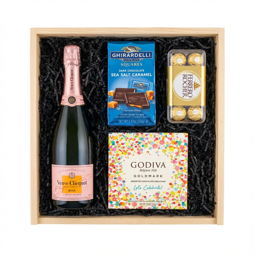 Veuve Clicquot Rosé Brut Champagne gift crate with Ghirardelli Dark Chocolate Sea Salt Caramel squares, Godiva Let's Celebrate chocolate box, and Ferrero Rocher chocolates in black crinkle paper on white background