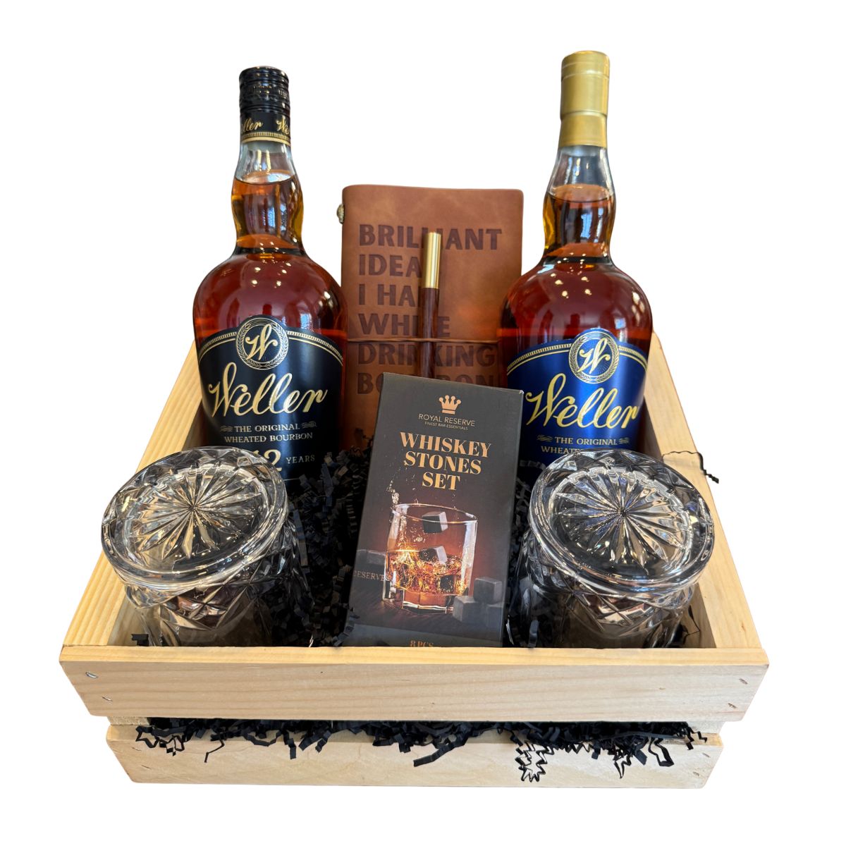Weller 12 & Weller Full Proof Gift Crate – Bourbon, Old-Fashioned Glasses, Whiskey Stones & Leather Journal