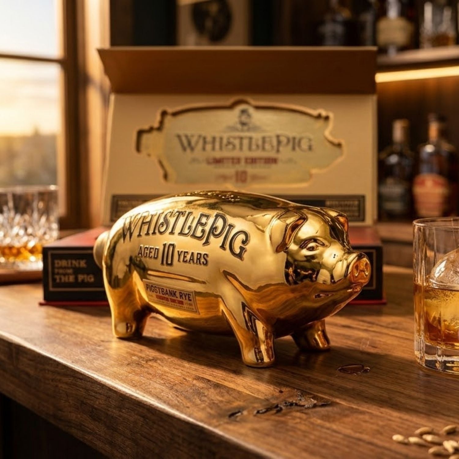 WhistlePig PiggyBank 10 Year Old Gold Edition Straight Rye Whiskey 750ml gold ceramic pig decanter bottle