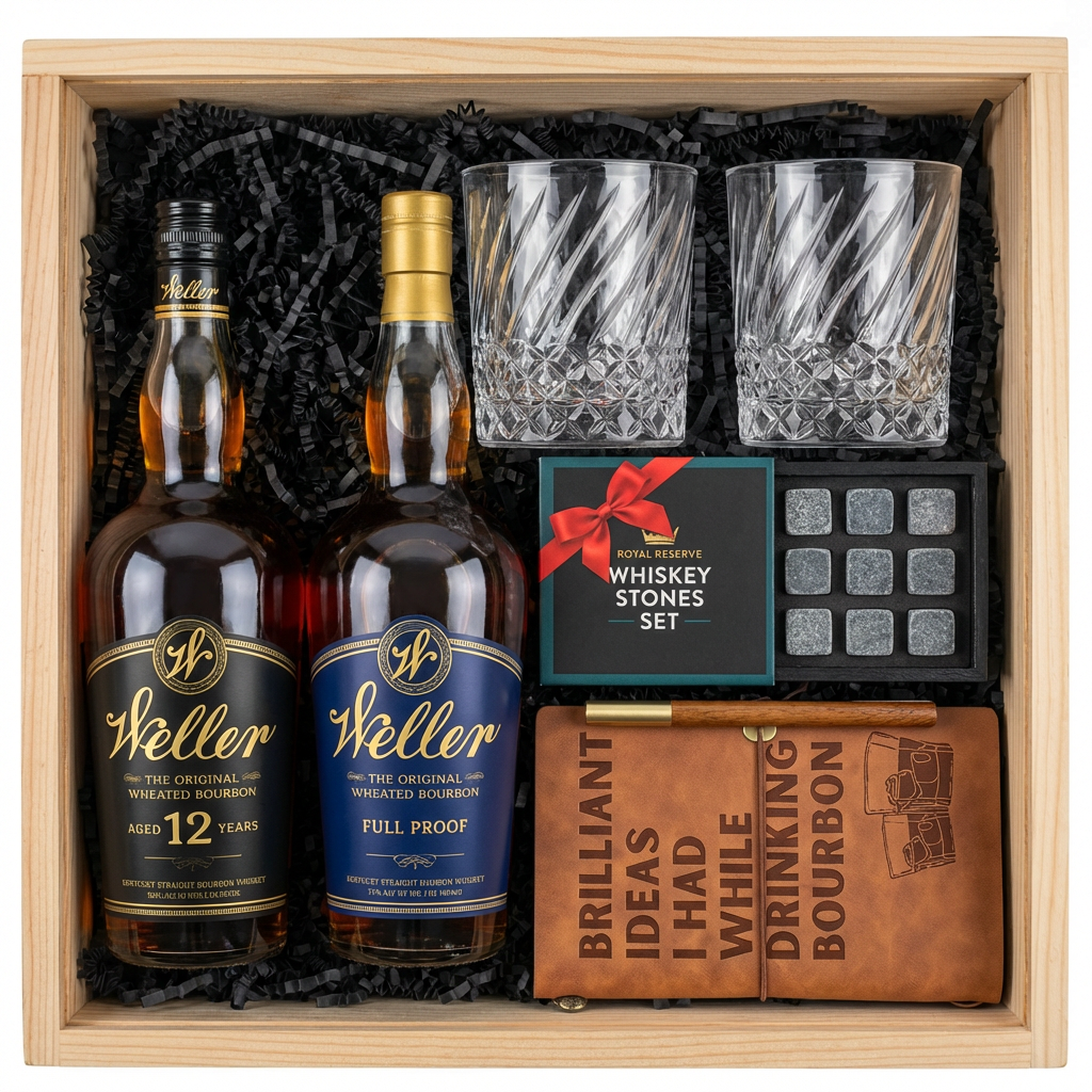 W.L. Weller 12 Year and Full Proof Wheated Bourbon gift crate top-down view featuring two 750ml bottles with gold Weller script labels, two old-fashioned crystal-cut whiskey glasses standing upright, Royal Reserve Whiskey Stones set, and Brilliant Ideas leather bourbon journal with wooden pen in wooden crate with black crinkle paper on white background.