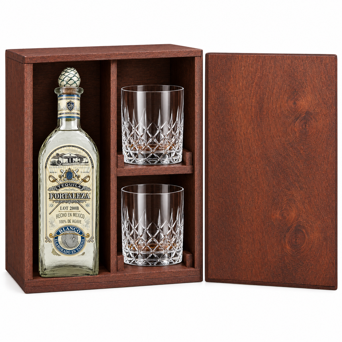 Fortaleza Blanco Lot 200B Tequila – Tahona Crafted Limited Lot wooden gift box with two crystal glasses