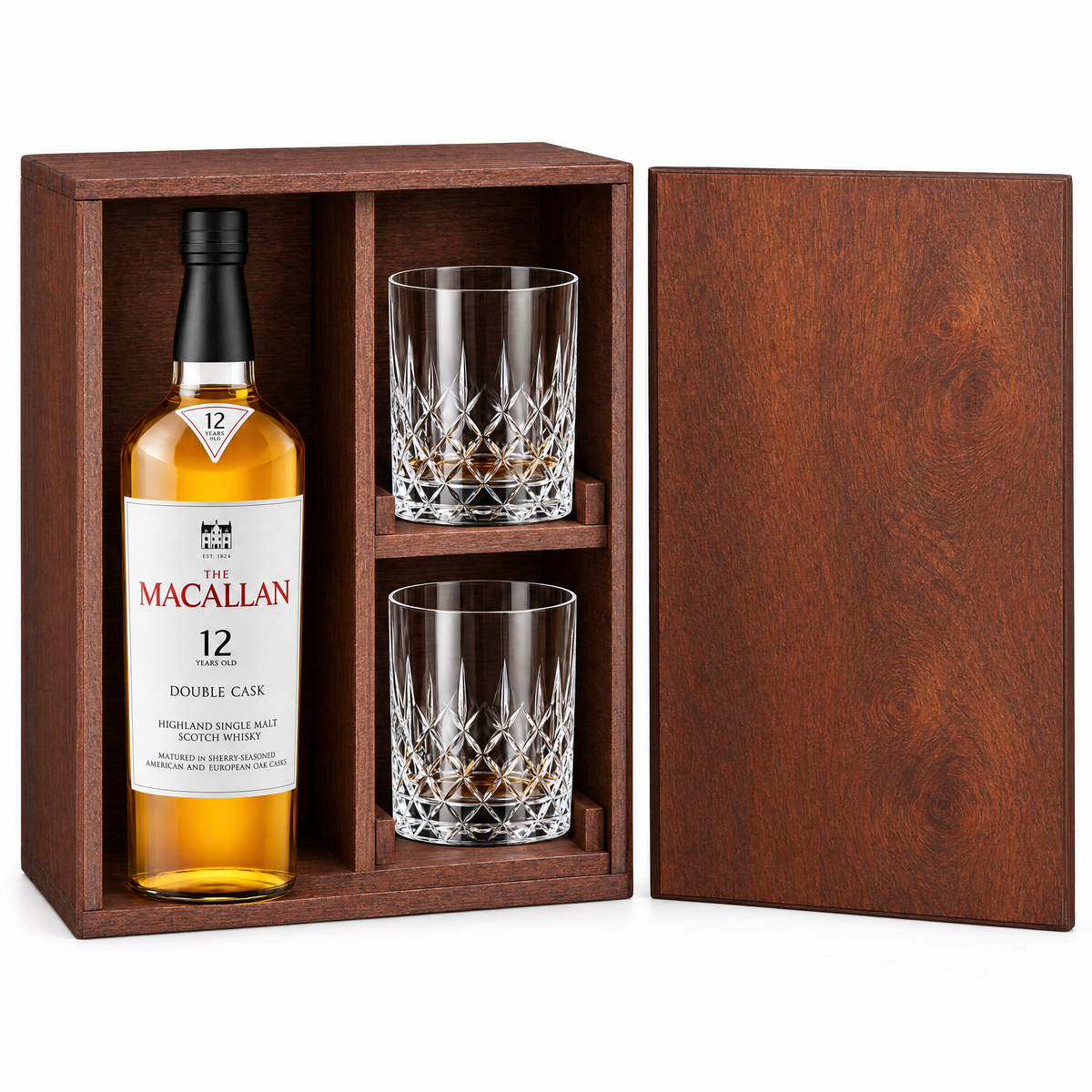 The Macallan 12 Year Double Cask 750ml in a mahogany wooden gift box with two crystal rocks glasses