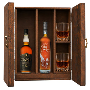 Weller 12 Year & Eagle Rare 10 Year in a wooden gift box with two crystal glasses on white
