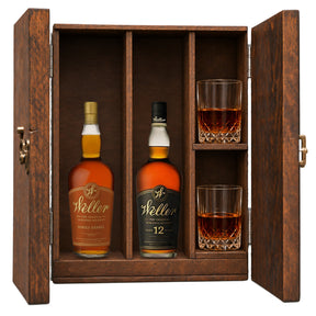 W.L. Weller Single Barrel & Weller 12 Year in a wooden gift box with two crystal glasses on white