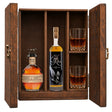Blanton's Original Single Barrel & Eagle Rare 12 Year in a wooden gift box with two crystal glasses on white