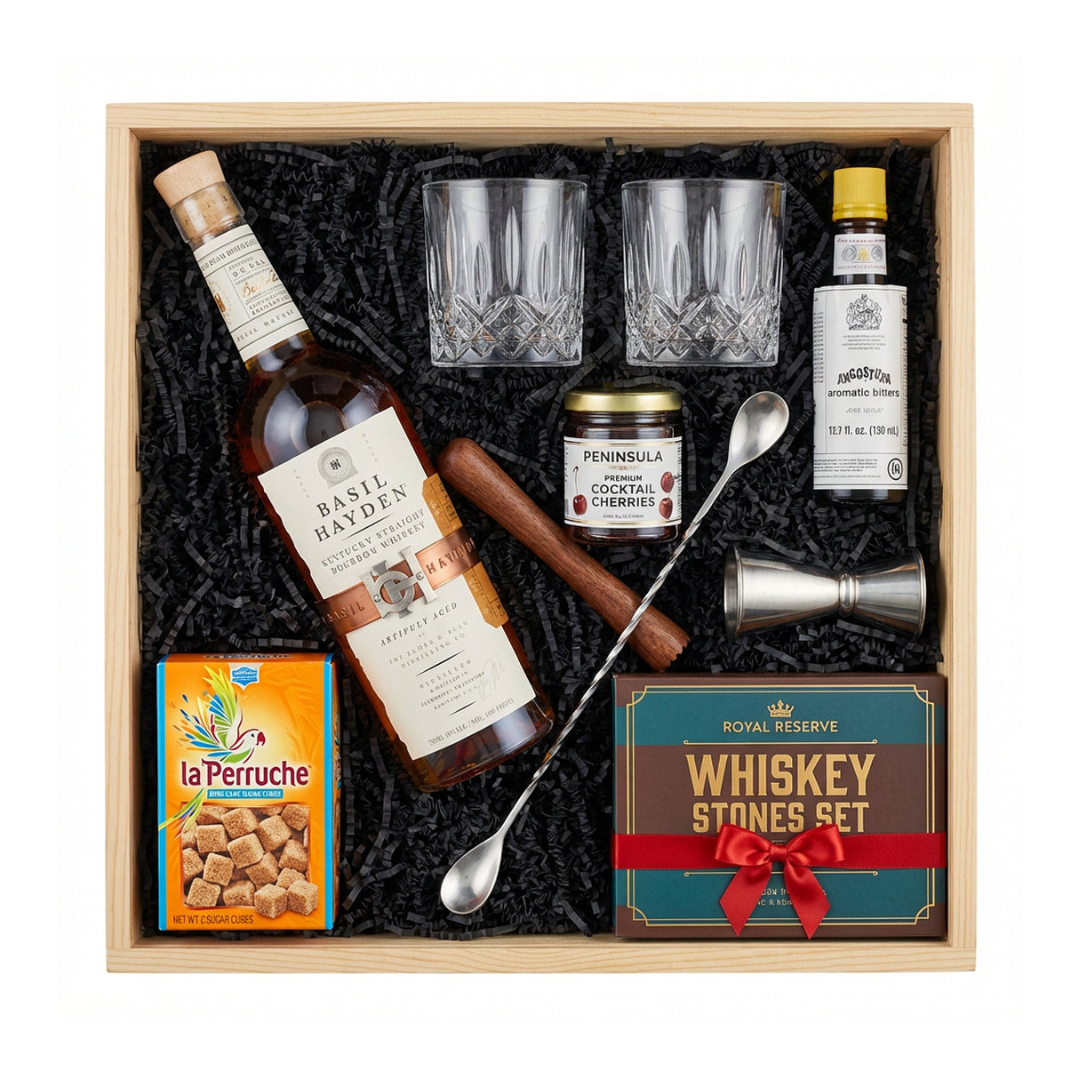 Basil Hayden's Old-Fashioned Wooden Gift Crate – Bourbon, Glasses, Bitters & Bar Tools