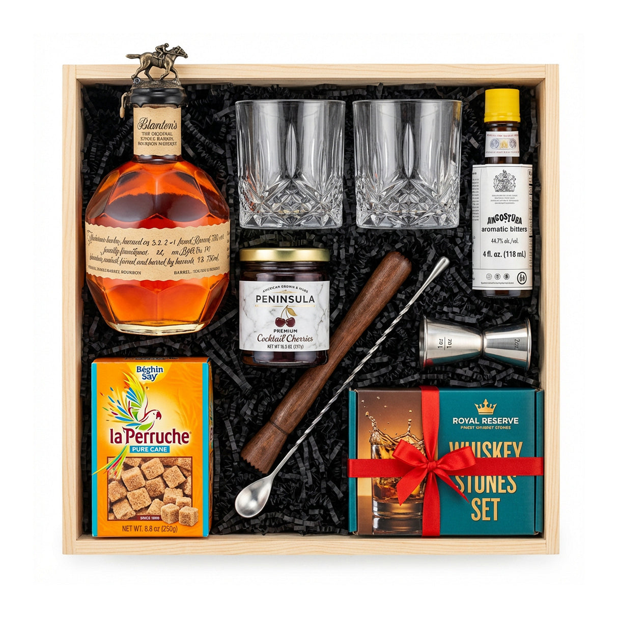 Blanton's Original Old-Fashioned Wooden Gift Crate – Bourbon, Glasses, Bitters & Bar Tools