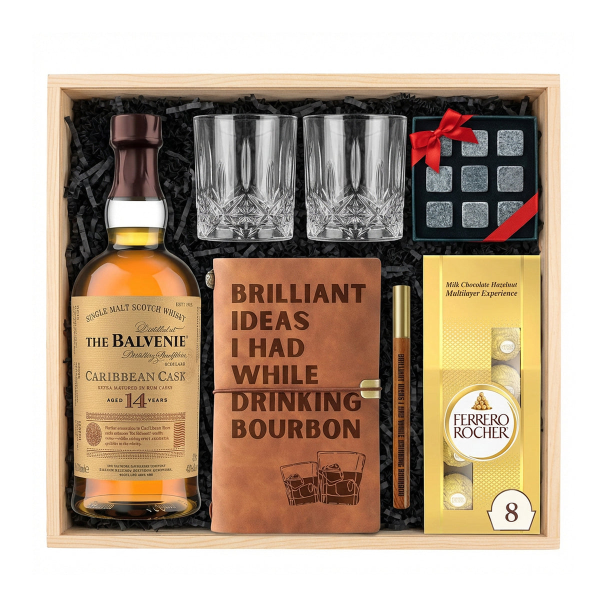 The Balvenie 14 Year Caribbean Cask Scotch Gift Crate – Whisky, Leather Journal, Glasses & Whiskey Stones