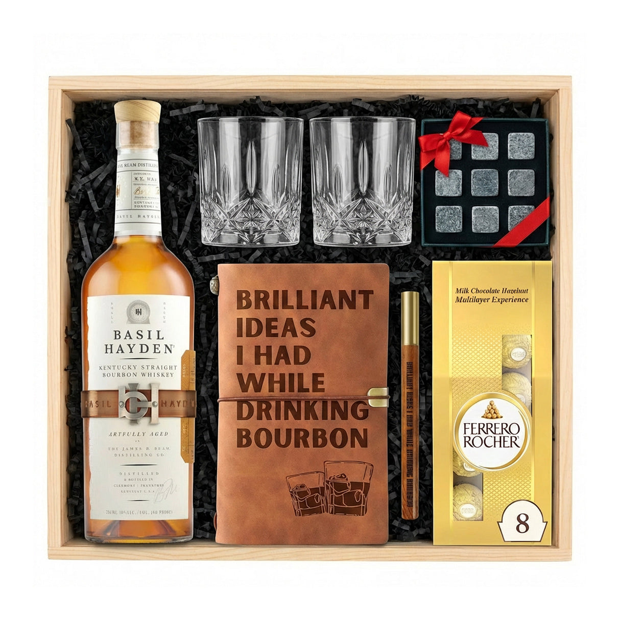 Basil Hayden’s Bourbon Gift Crate – Whiskey, Leather Journal, Glasses & Whiskey Stones
