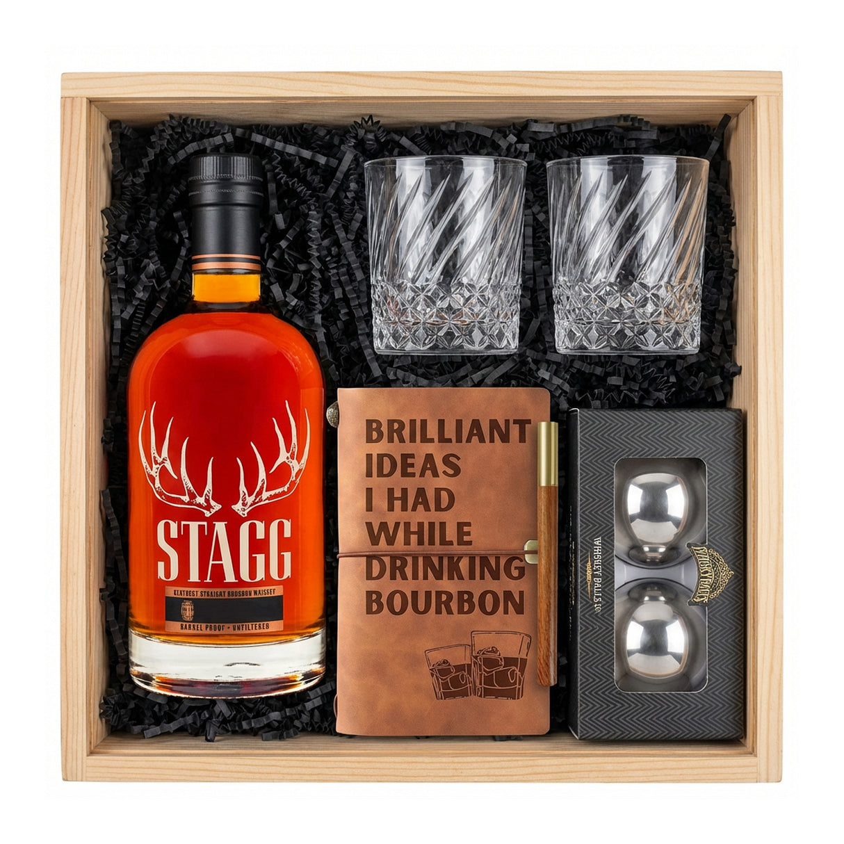 Stagg  Bourbon Connoisseur Gift Crate with Glasses, Journal & Whiskey Balls