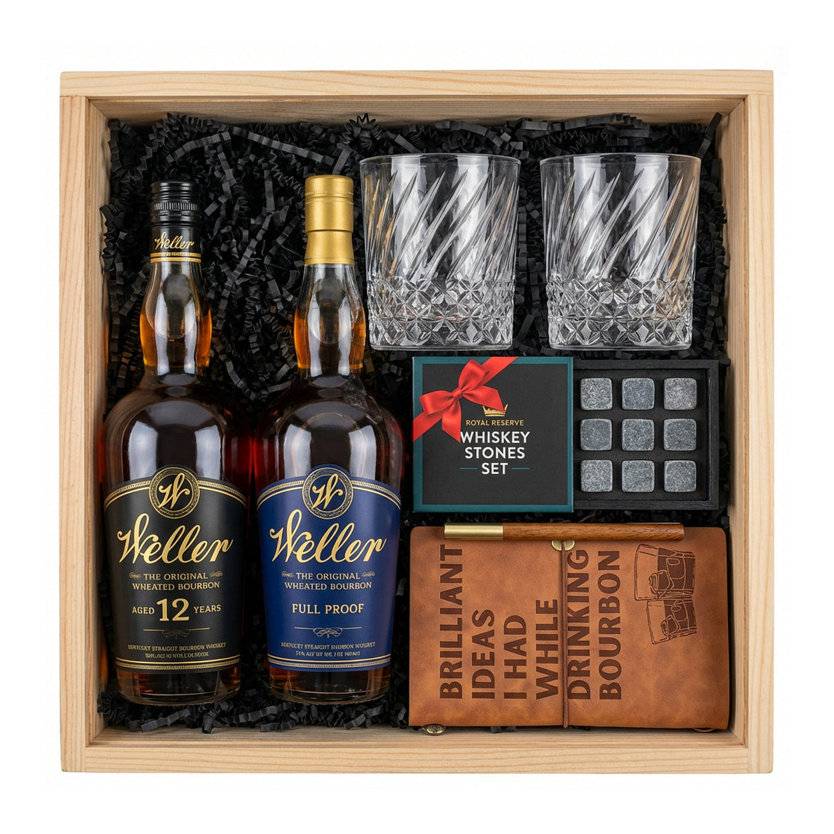 Weller 12 & Weller Full Proof Gift Crate – Bourbon, Old-Fashioned Glasses, Whiskey Stones & Leather Journal