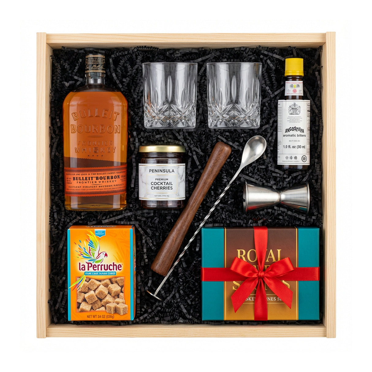 Bulleit Bourbon Old Fashioned Gift Crate – Whiskey, Bar Tools, Glasses & Cocktail Cherries