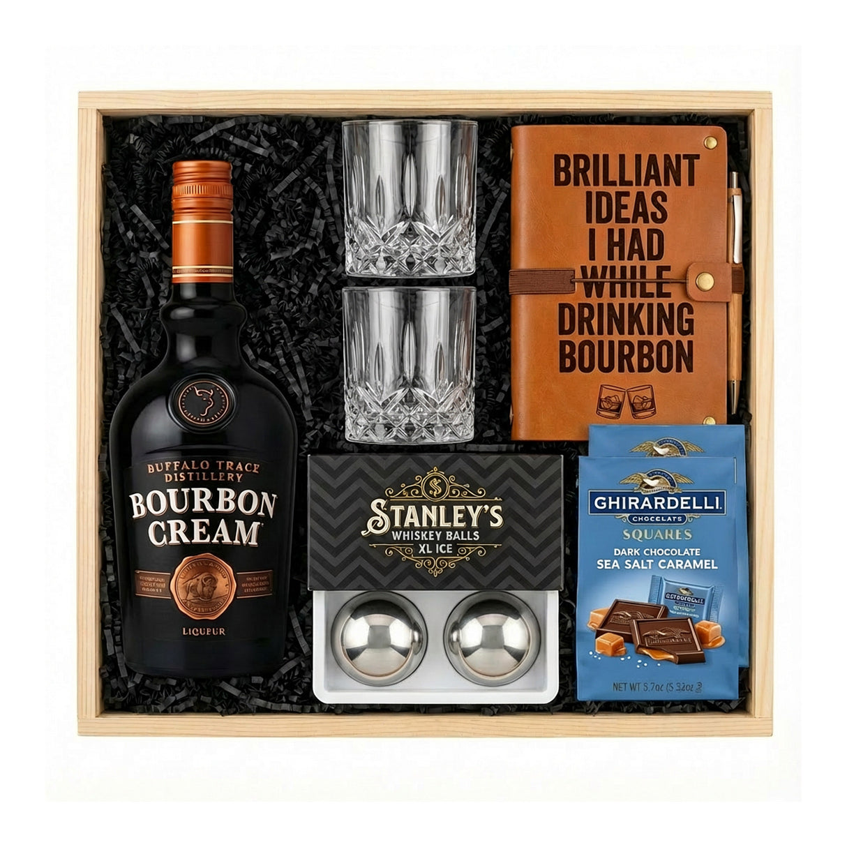 Buffalo Trace Bourbon Cream Gift Crate – Liqueur, Glasses, Chocolate & Whiskey Balls